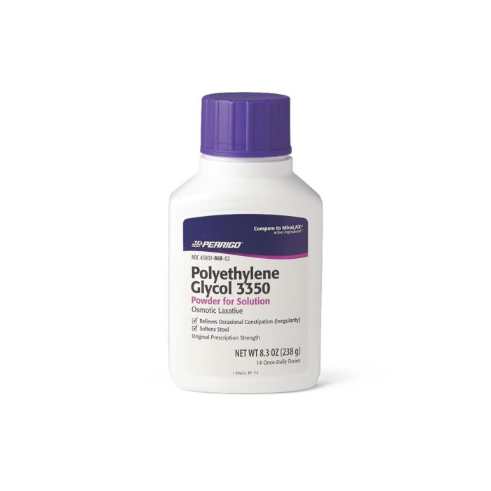 Bottle of PERRIGO Polyethylene Glycol Laxative Powder OTC0077824