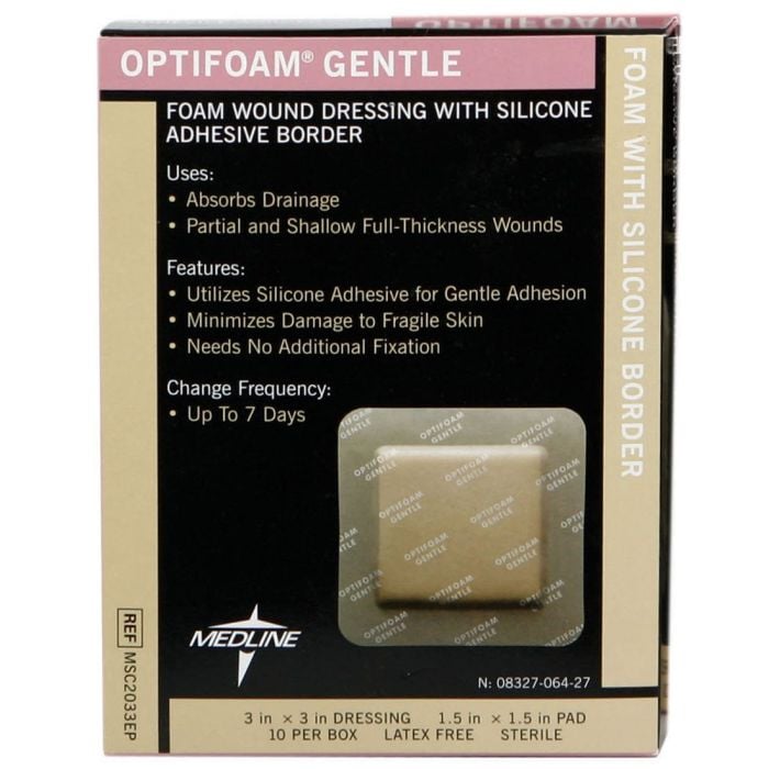 Box of Medline Optifoam Gentle Border Adhesive Dressings MSC2033EPZ
