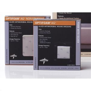 Box of Medline Optifoam Antimicrobial Adhesive Dressings MSC9604EPZ